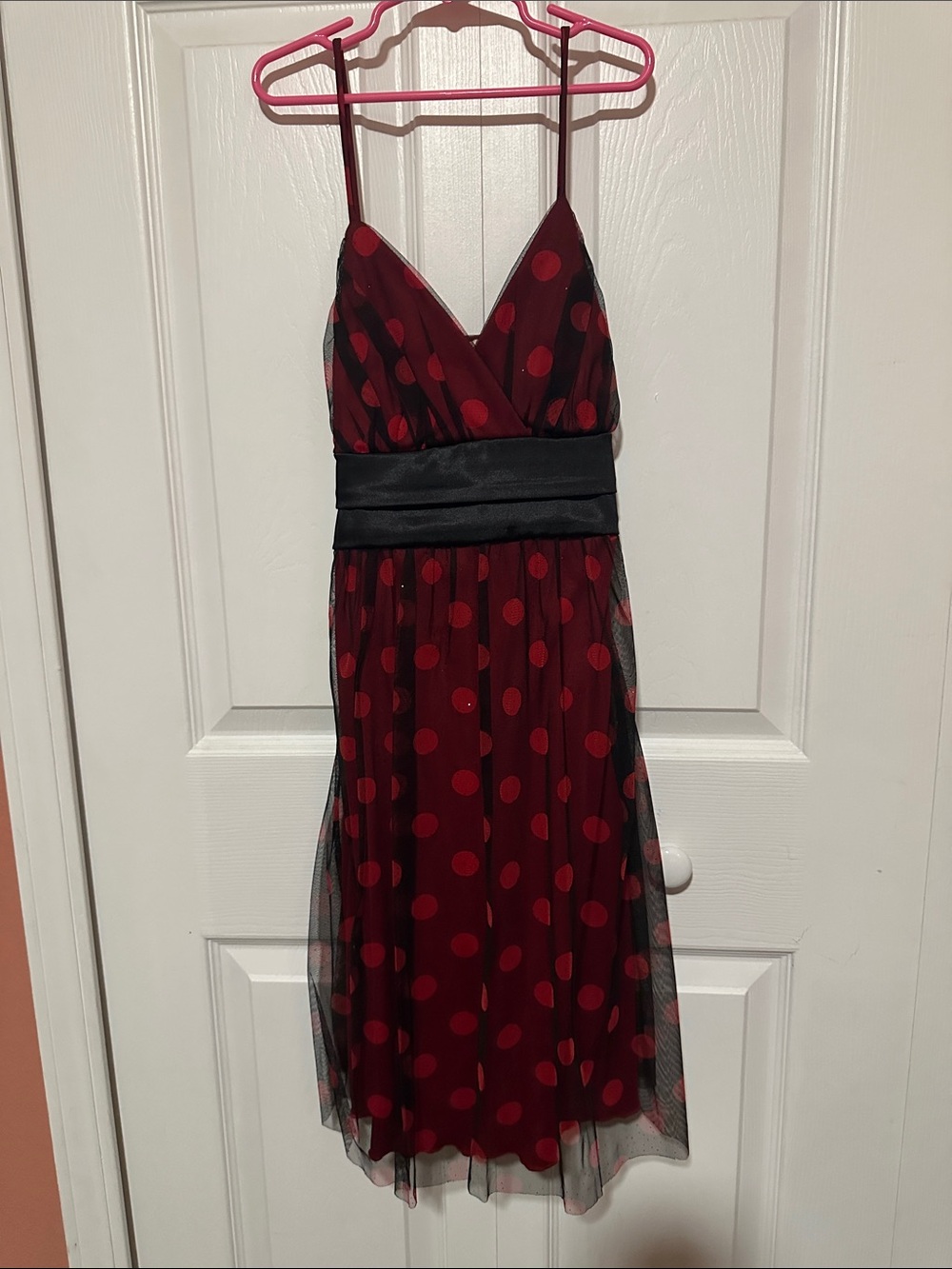 Papaya Red and Black Polka Dot Spaghetti Strap Formal Dress